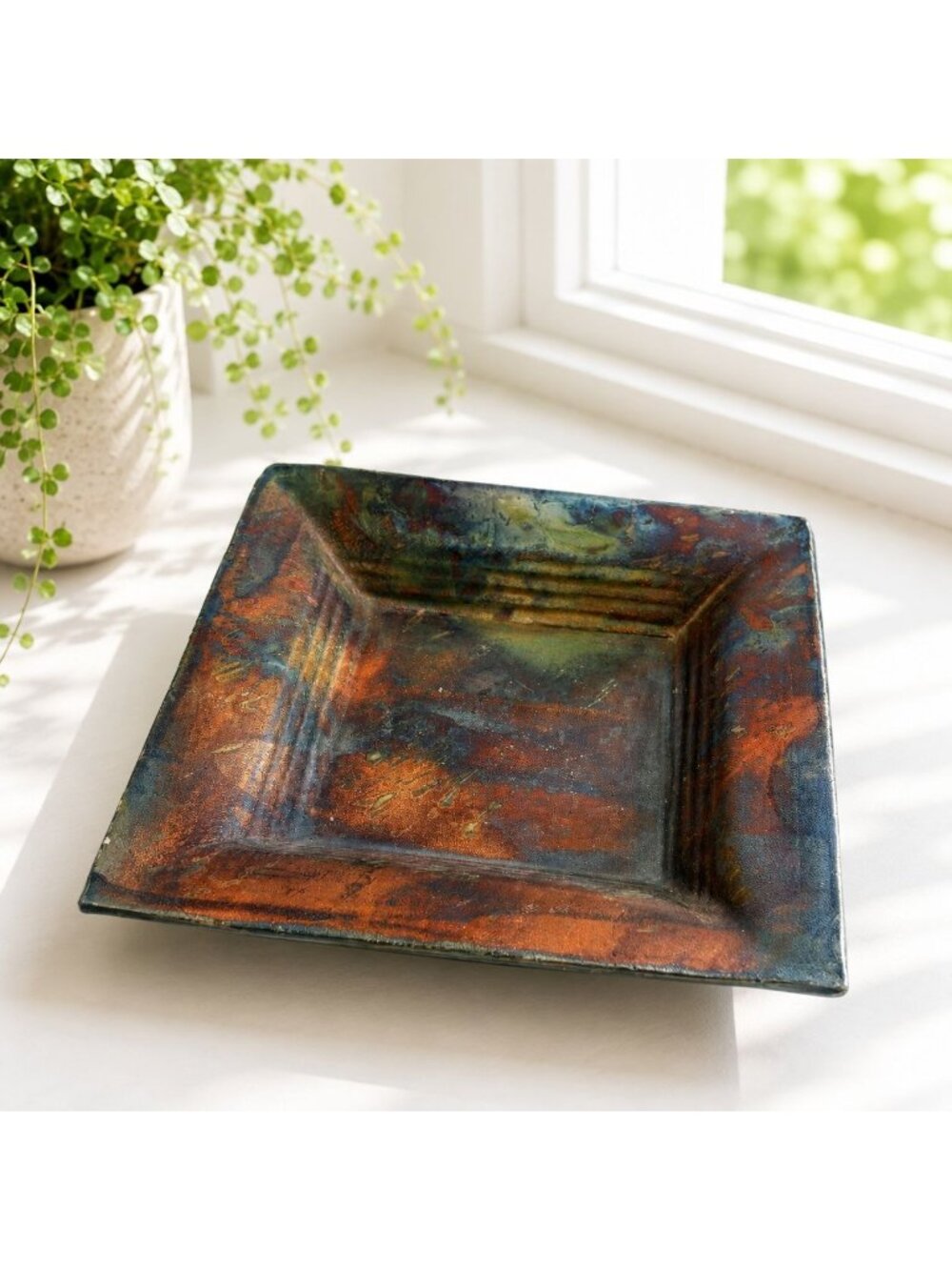 Hand-Painted Square Ceramic Decorative Plate Multicolor Abstract Design 10"x10"x